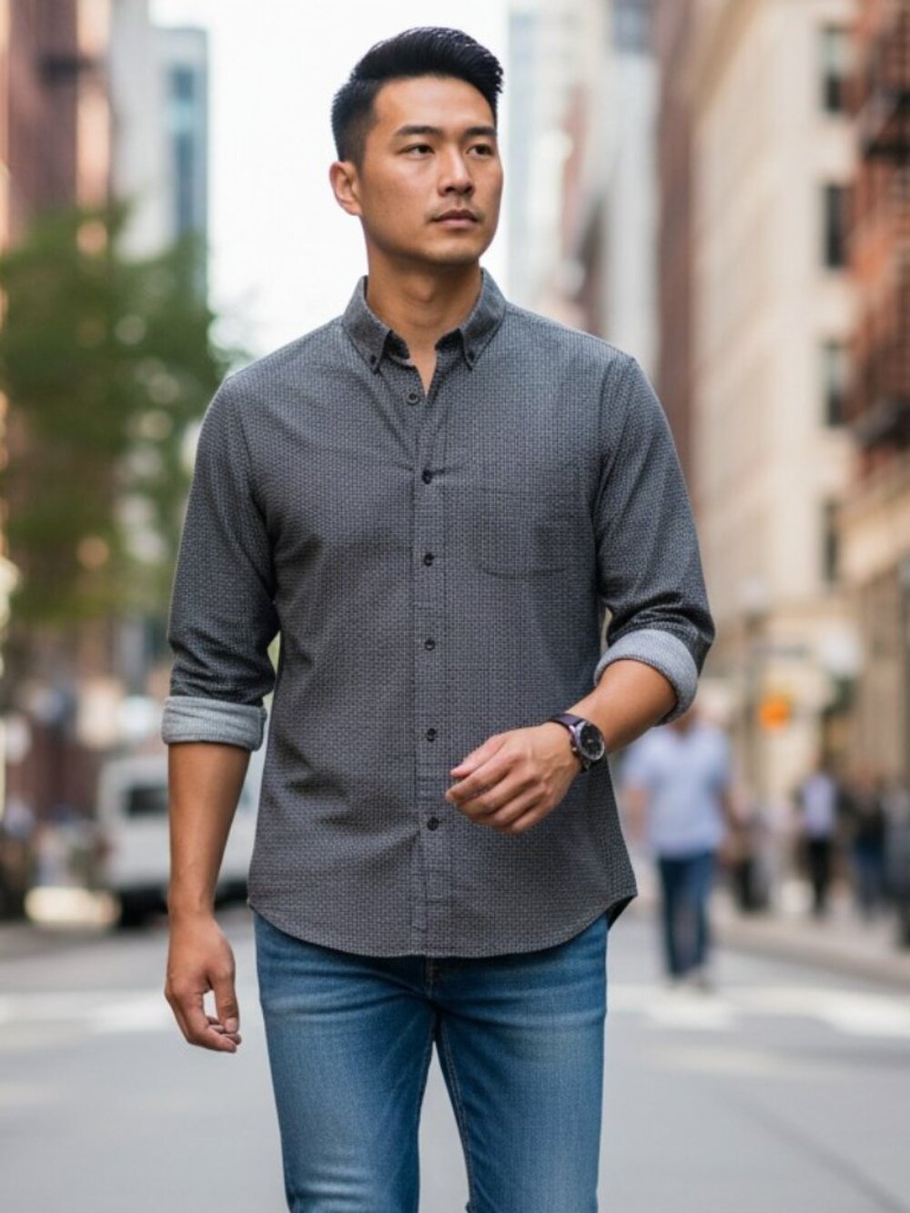 Rag & Bone Micro Geometric Print Button-Down Shirt Men's L Charcoal Grey